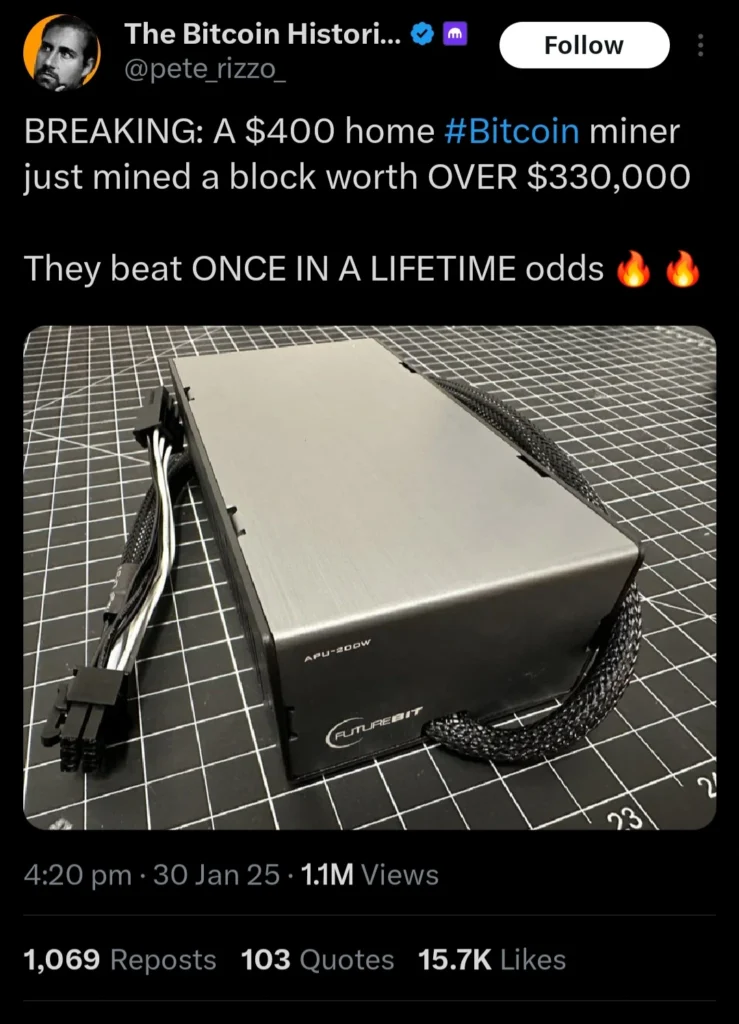 Solo Bitcoin Miner Wins $326K Reward – But There’s More to the Story